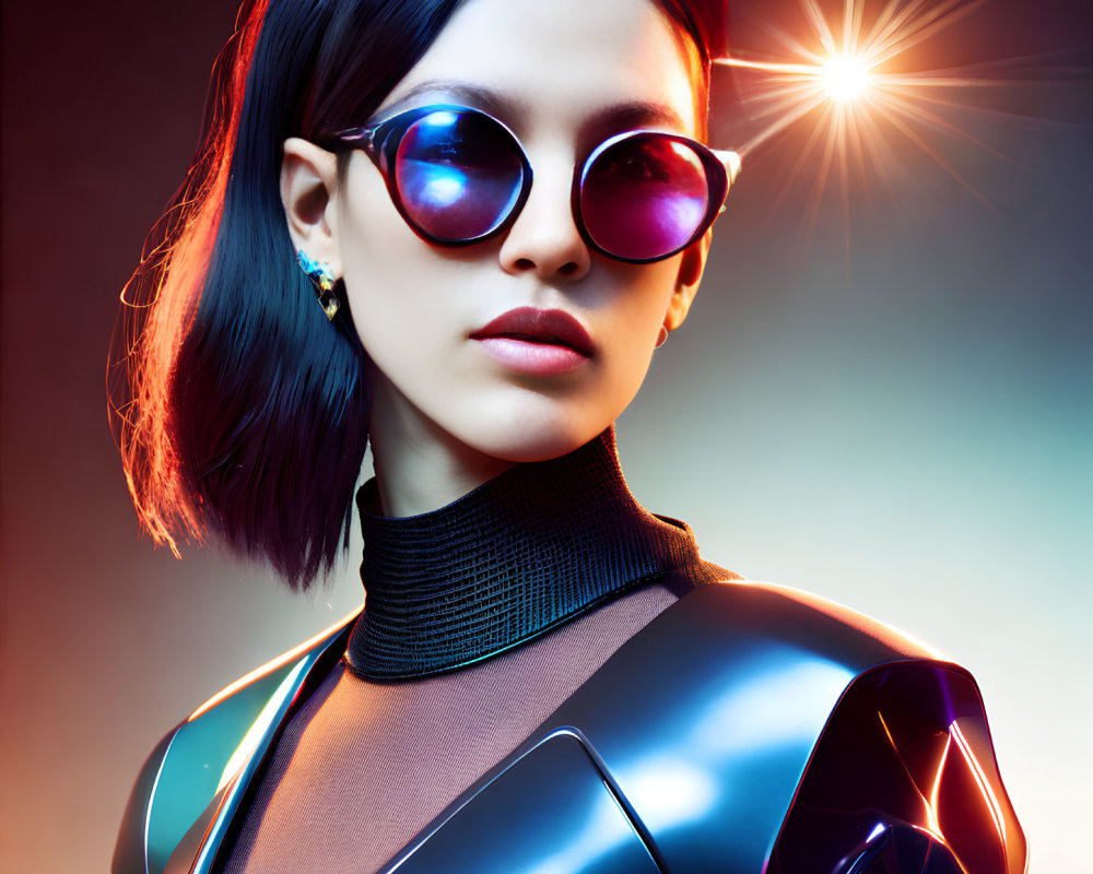 Futuristic woman in sleek sunglasses and high-tech suit against dynamic multicolored background