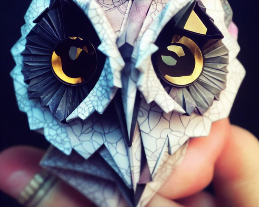 Detailed Origami Owl with Purple and White Feather Patterns