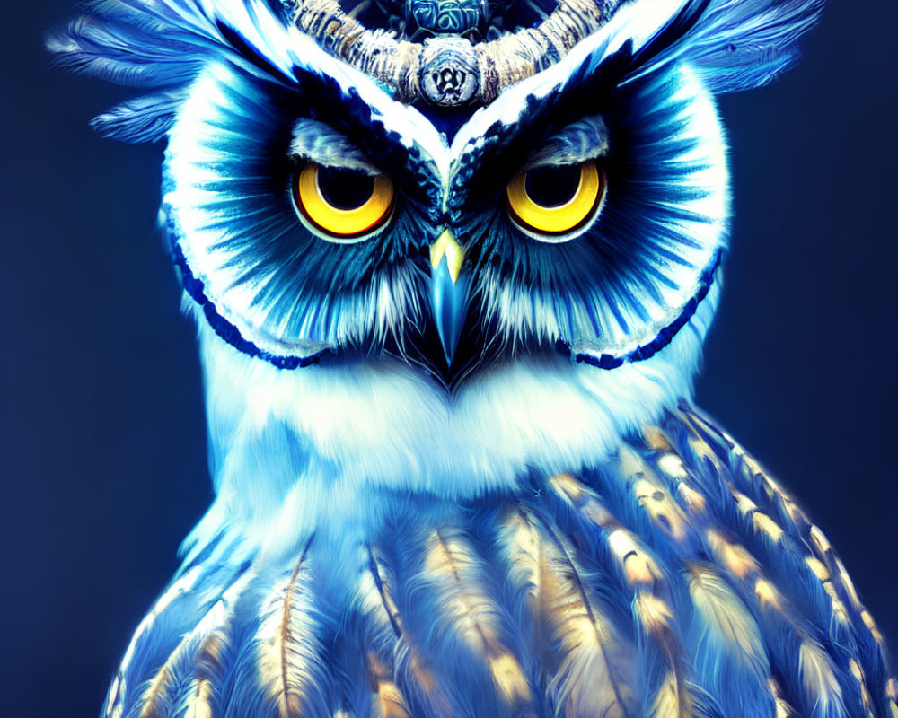 Colorful digital artwork featuring owl with yellow eyes and intricate patterns