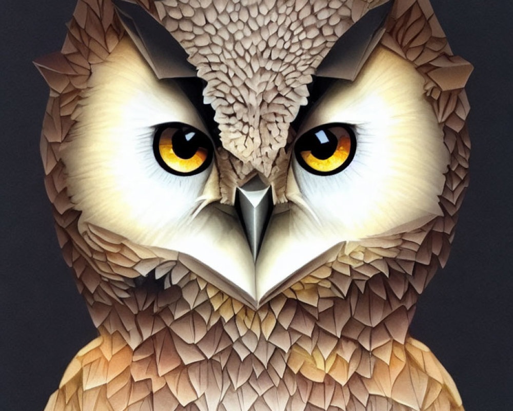 Geometric Owl Artwork with Yellow Eyes on Dark Background