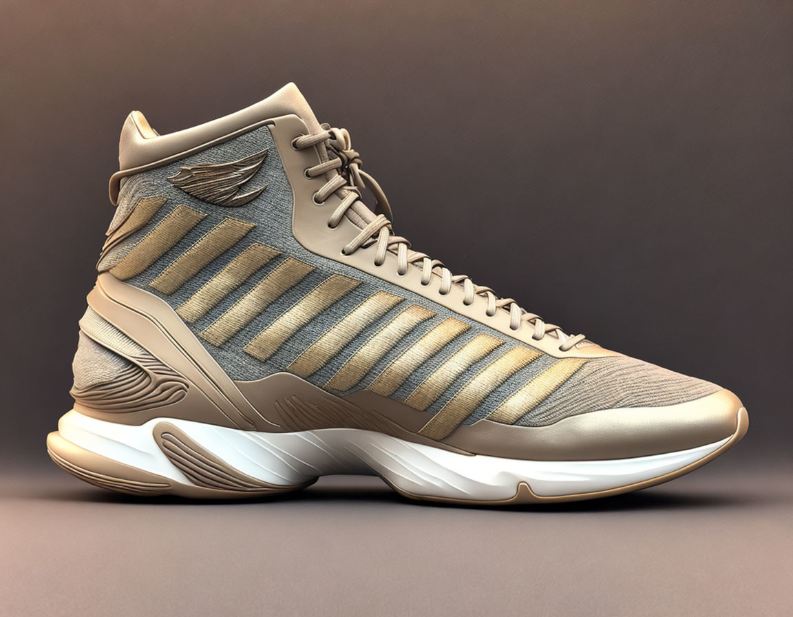 Beige high-top sneaker with layered side panels and wing-like logo