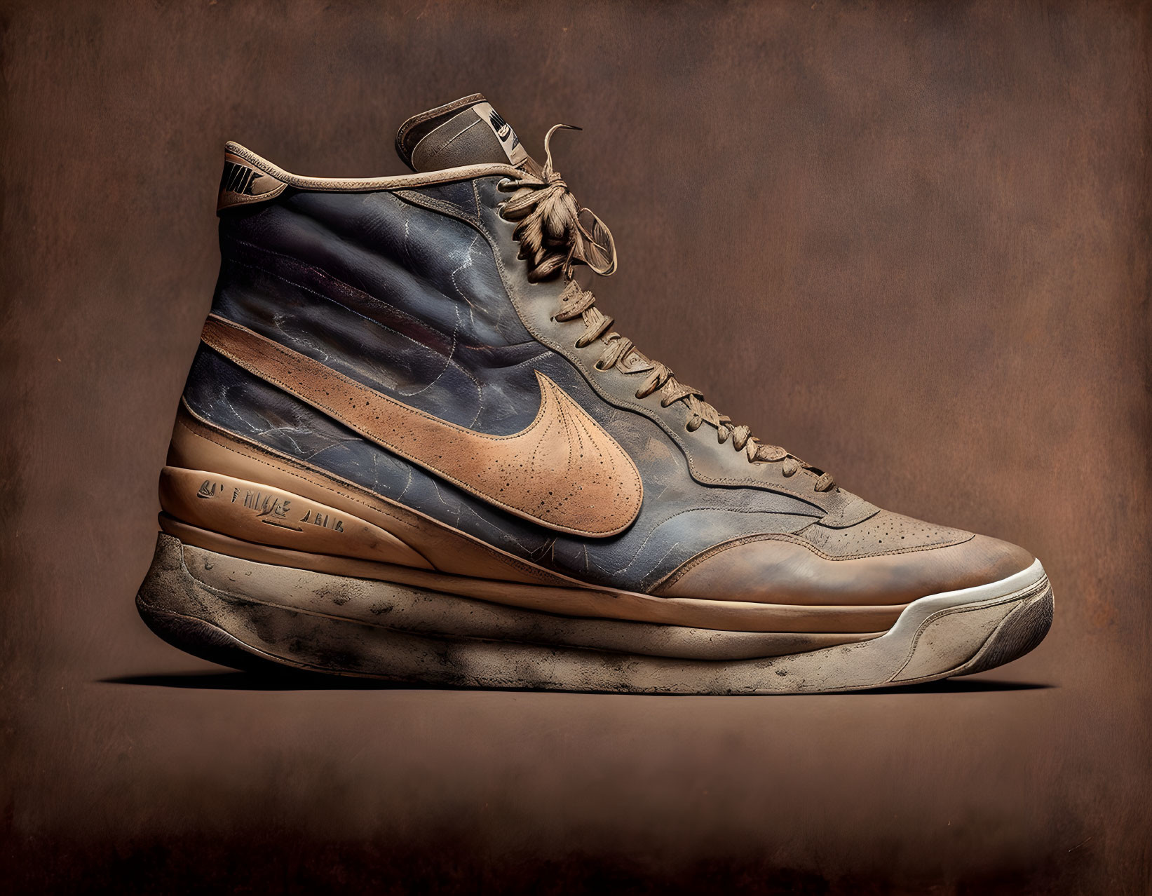 Brown and Blue Nike Swoosh High-Top Sneaker on Textured Background