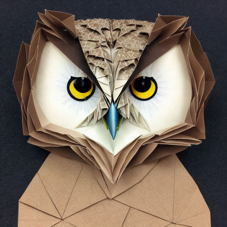 Detailed Origami Owl with Striking Yellow Eyes on Black Background