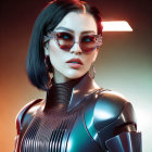 Futuristic woman in sleek sunglasses and high-tech suit against dynamic multicolored background