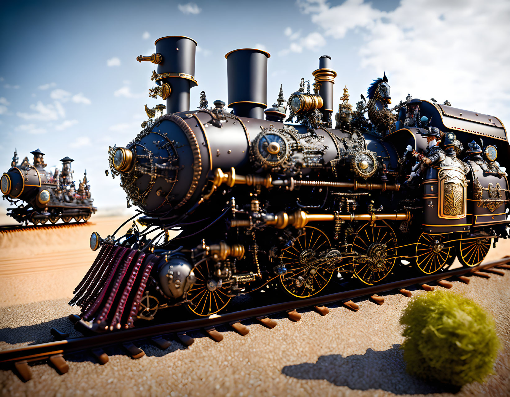 Detailed Steampunk Train on Desert Tracks with Ornate Designs