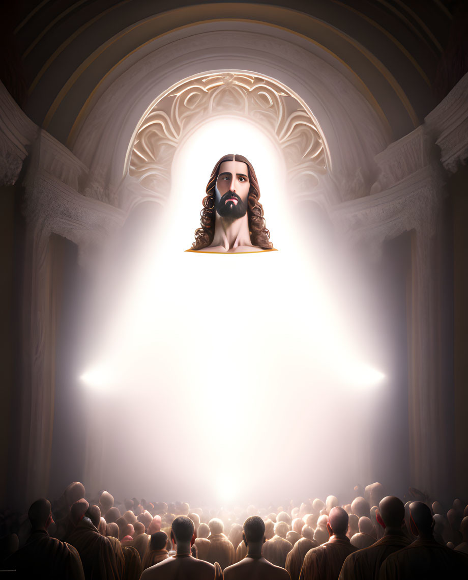 Illustration: Serene bearded man in bright light above awe-inspired crowd