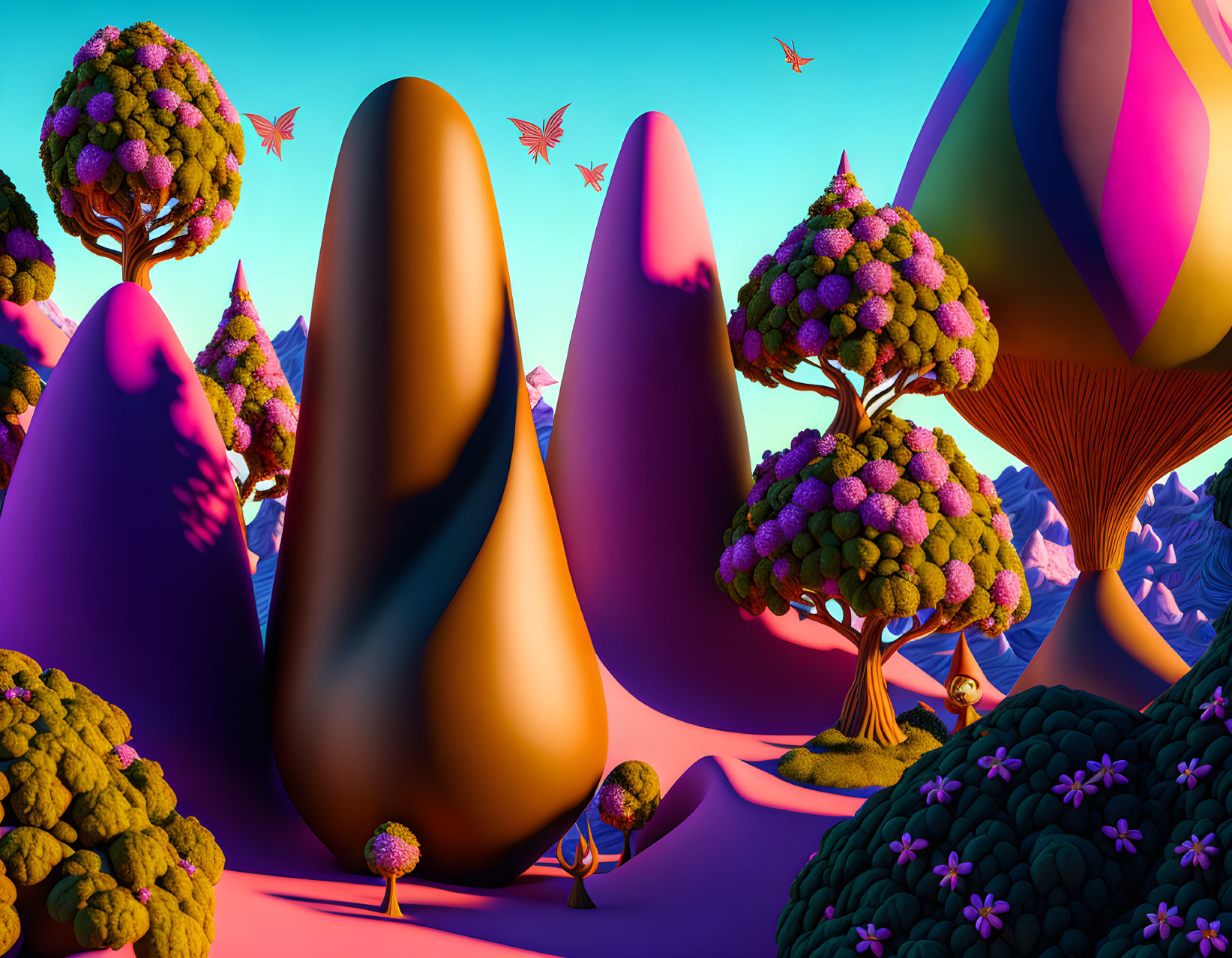 Colorful surreal landscape: vibrant hills, stylized trees, butterflies under blue sky