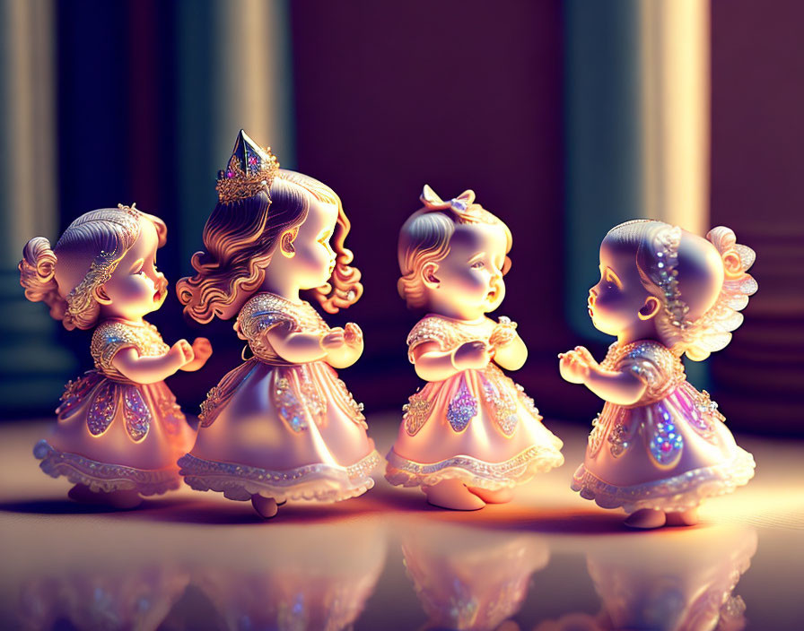 Four ornate porcelain dolls in intricate dresses under warm light, turning right.