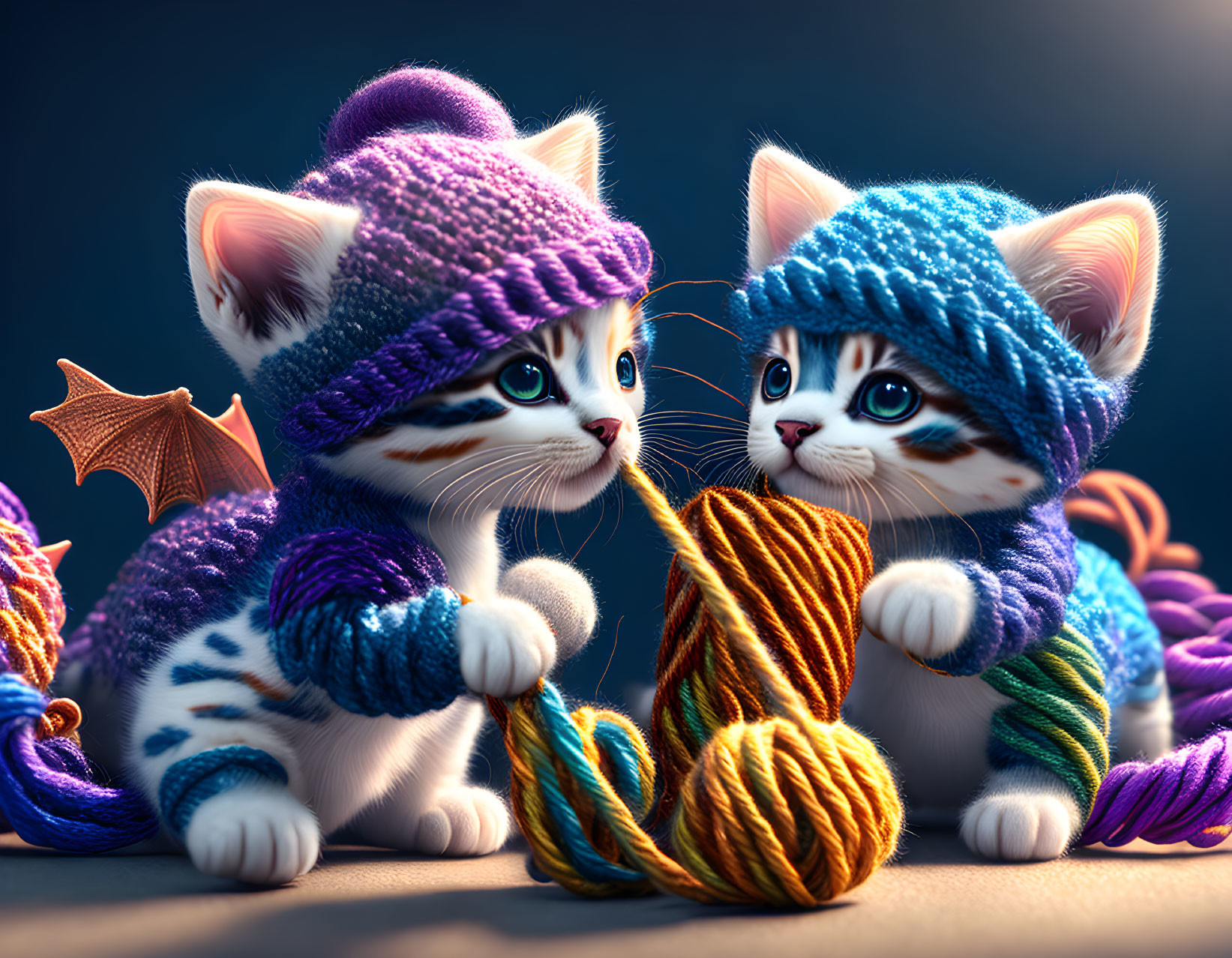 Blue and Purple Striped Kittens in Knitted Hats Playing with Yarn