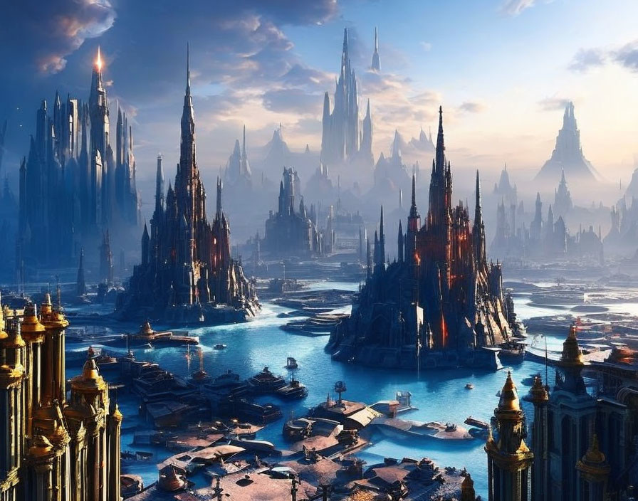 Fantastical cityscape with towering spires and golden domes by a river