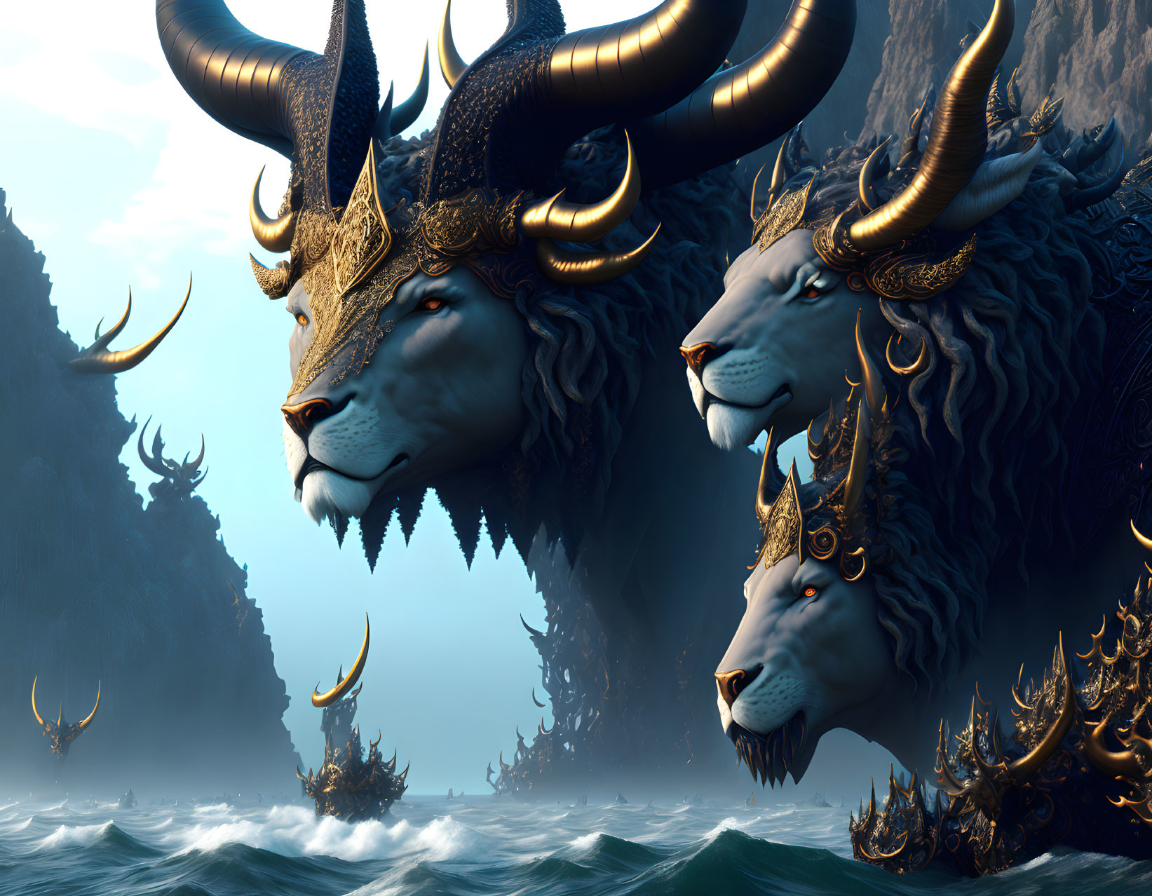 Majestic lion-like creatures with golden horns and crowns in sea fog