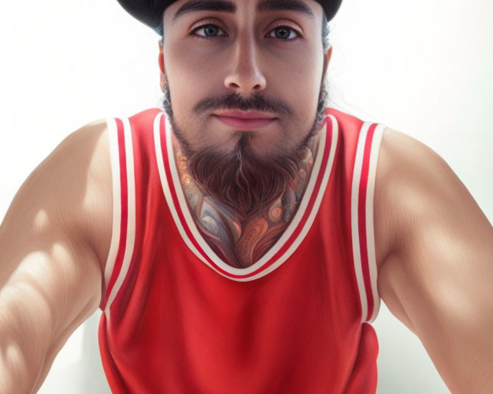 Bearded person in black cap and red tank top with chest tattoos gazes at camera