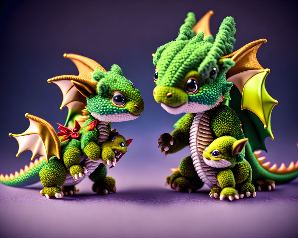 Three stylized dragons with green scales on purple background