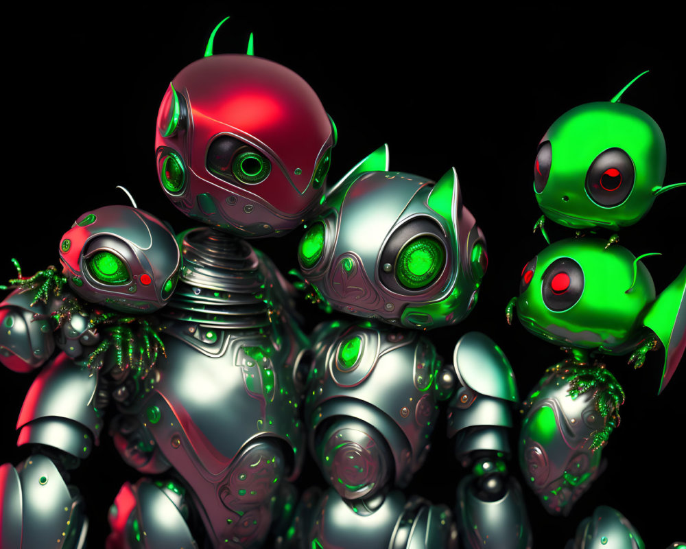 Shiny robots with red and green accents and glowing eyes on dark background