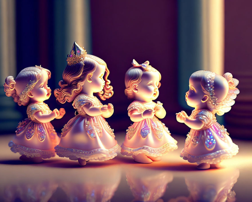 Four ornate porcelain dolls in intricate dresses under warm light, turning right.