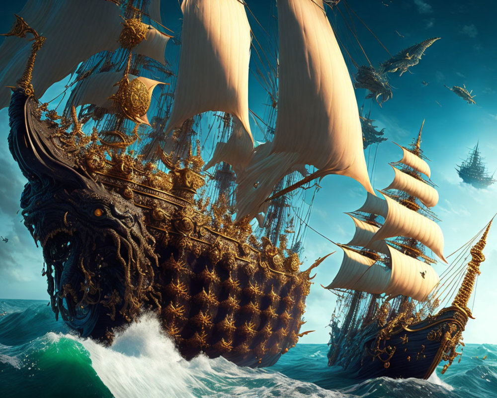 Ornate golden ships with monstrous figurehead in dramatic sea scene