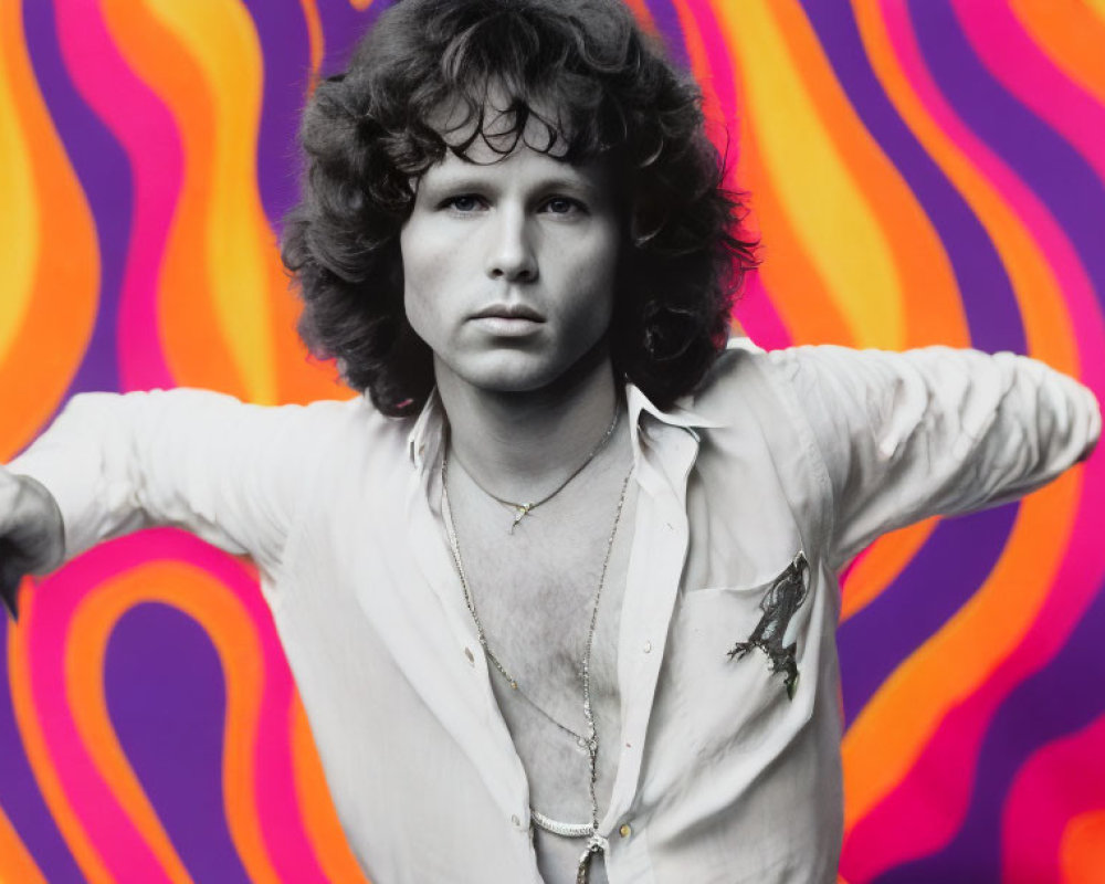 Curly Haired Man in White Shirt on Psychedelic Background