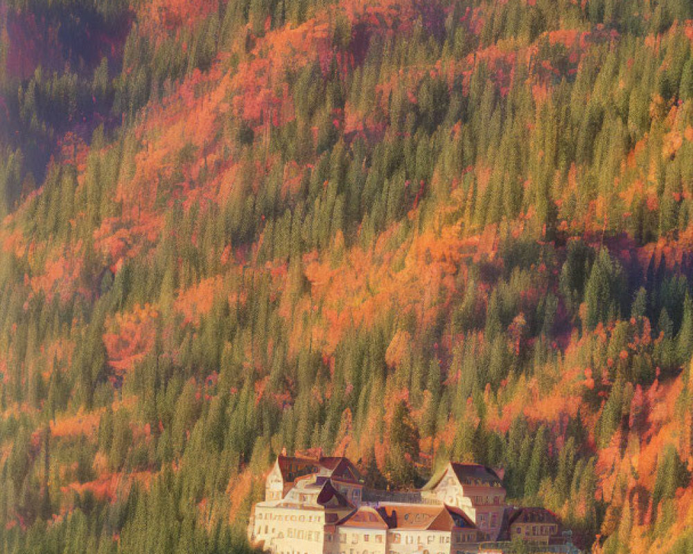 Secluded castle in vibrant autumn forest landscape