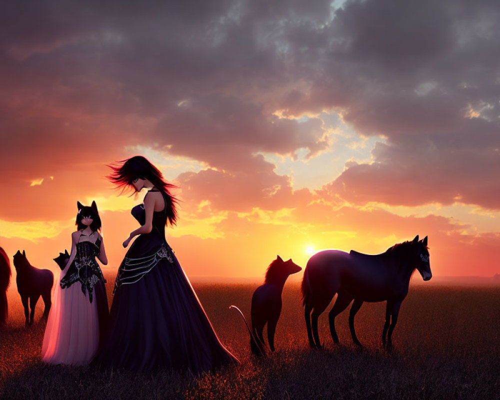 Woman in flowing dress with horses and fantastical creatures at sunset