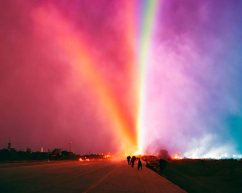 Vibrant rainbow over city lights and purple clouds at dusk