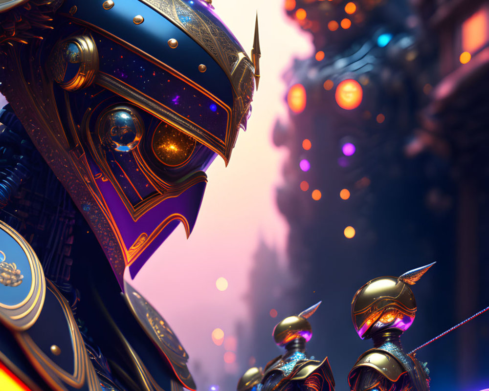 Futuristic knights in ornate armor in neon-lit sci-fi cityscape