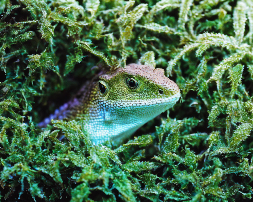 Vivid green lizard in lush moss with attentive eyes