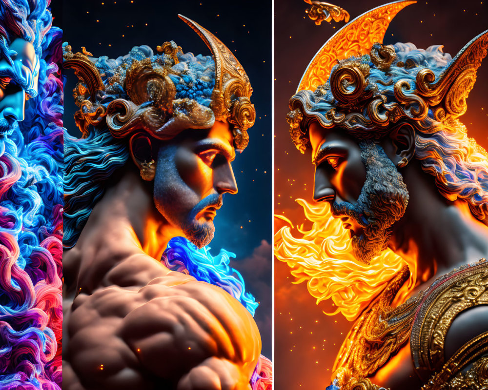 Man Split Image Symbolizing Day and Night with Sun and Moon Elements in Blue and Orange Tones