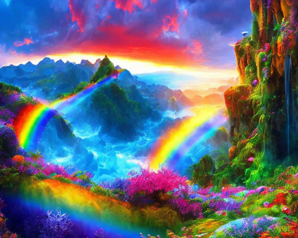 Colorful Fantasy Landscape with Waterfall, Double Rainbows, and Sunset Sky