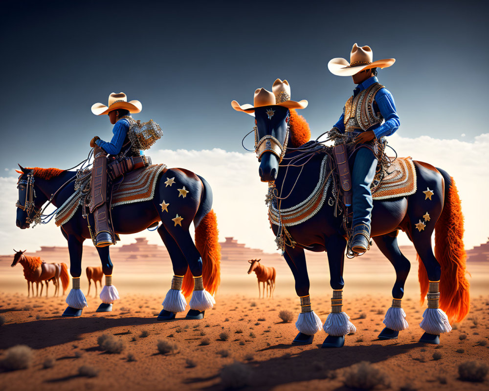 Two cowboys in ornate outfits and wide-brimmed hats on decorated horses in a desert landscape