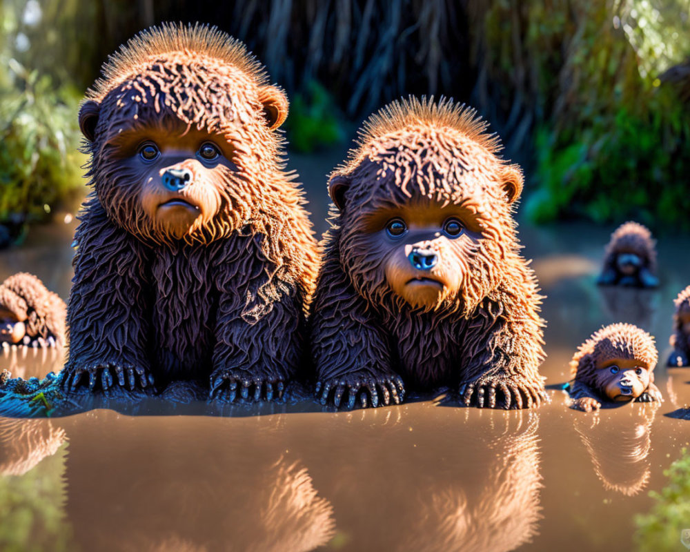 Realistic Bear Sculptures in Muddy Water with Miniatures