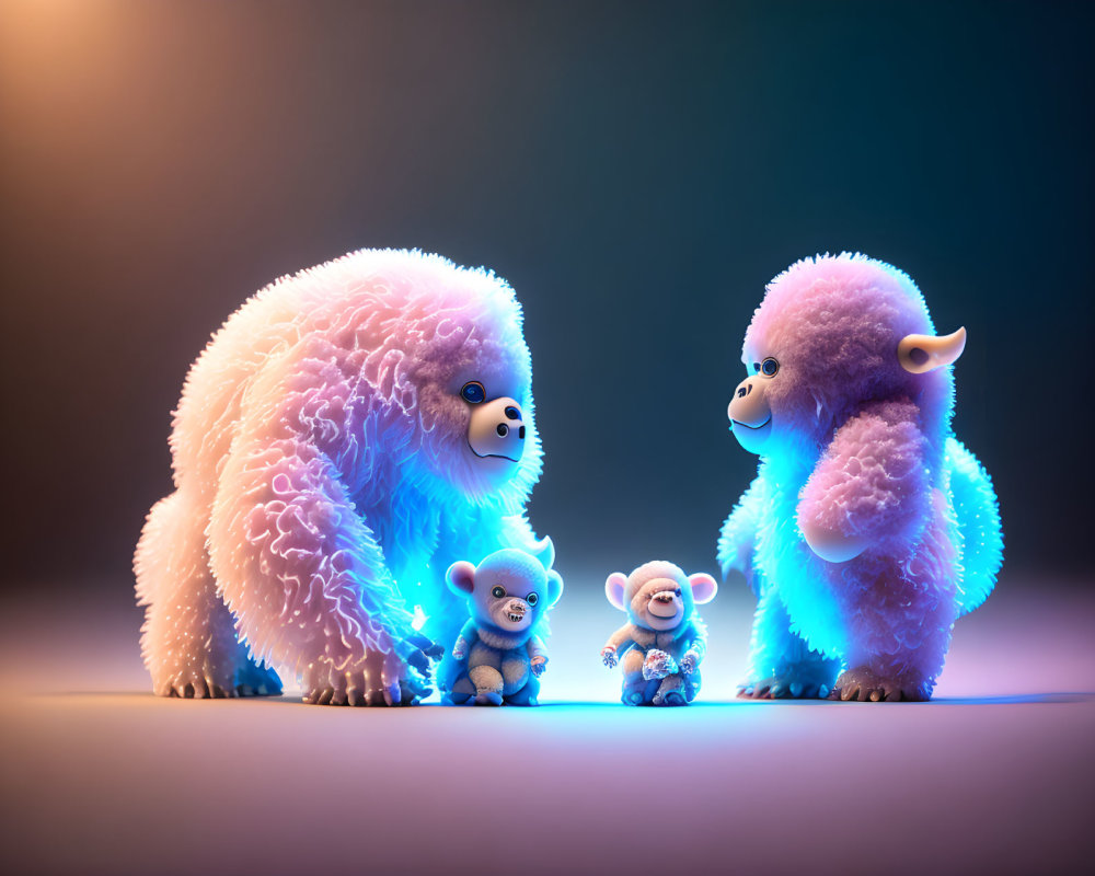 Three fluffy, colorful creatures under soft, gradient lighting.