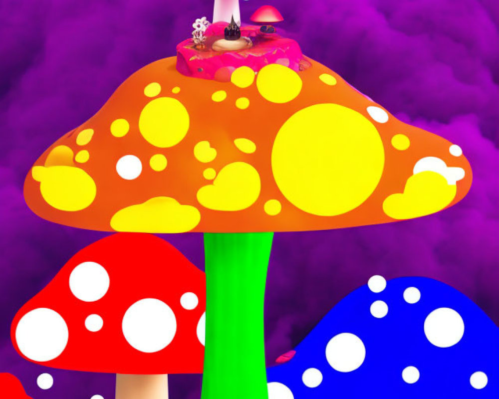 Colorful Whimsical Oversized Mushroom Illustration on Purple Background