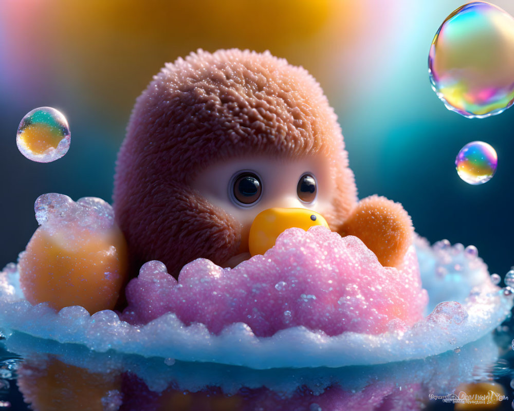 Adorable fuzzy toy with big eyes bathes in bubbly bath