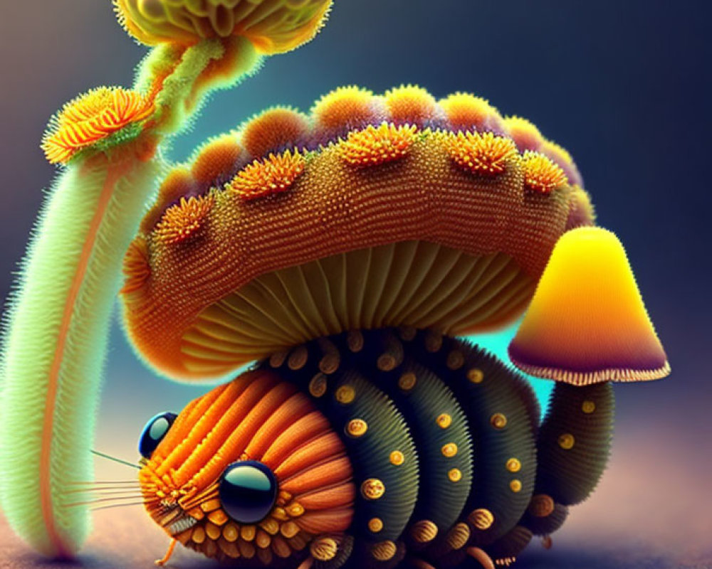 Colorful Caterpillar Illustration with Mushroom-like Structures and Fantasy Plant