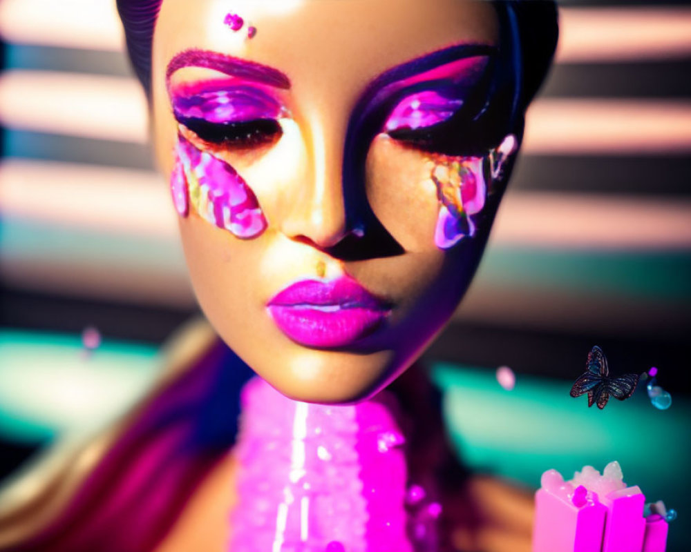 Stylized feminine figure with purple makeup and butterfly on colorful background