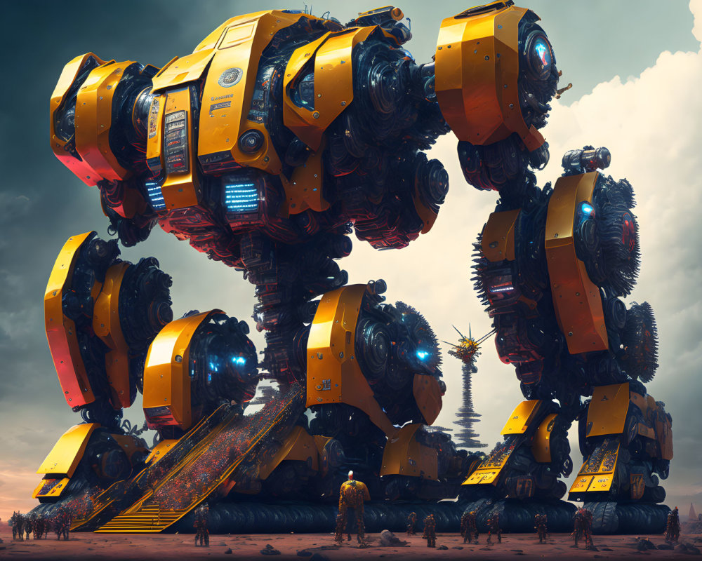 Yellow and Black Robotic Structures in Futuristic Landscape