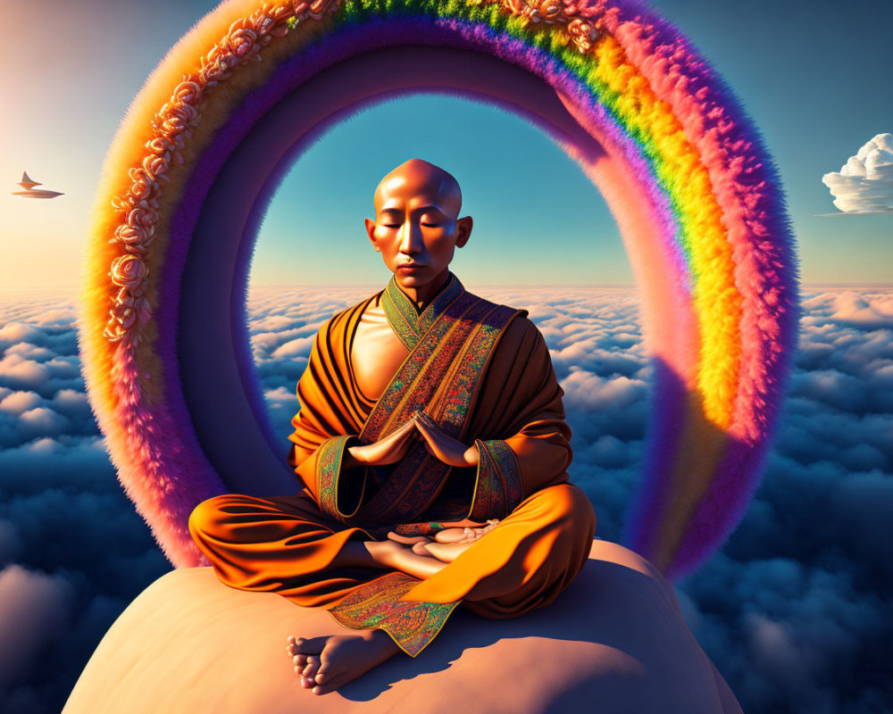 Bald Figure Meditating on Cloud with Rainbow and Floating Islands