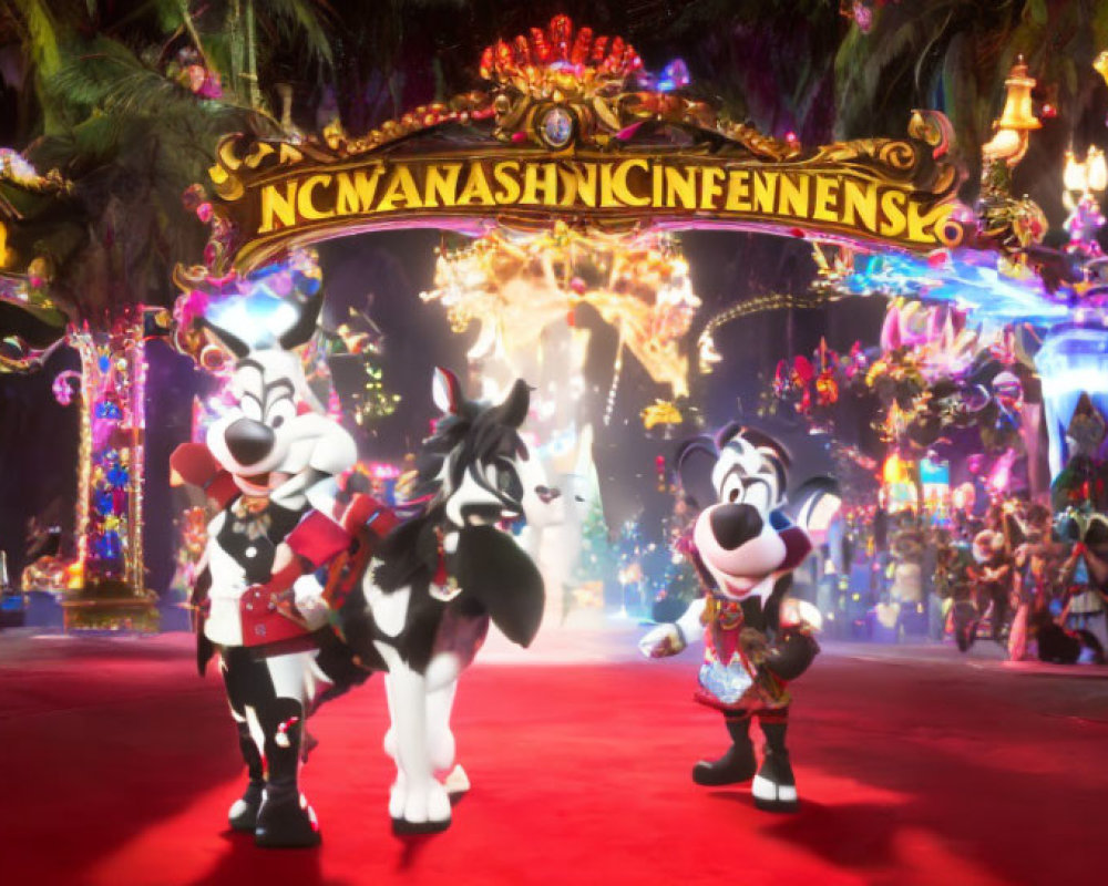 Colorful Carnival Entrance with Festive Attired Animated Cows