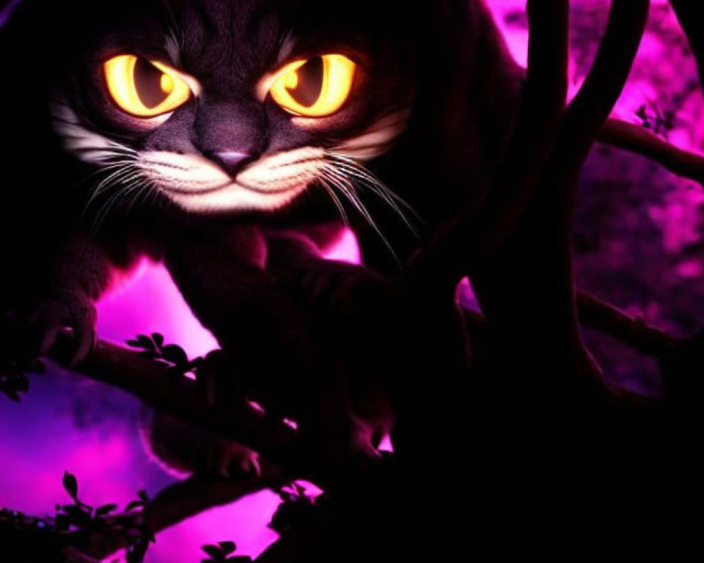 Glowing yellow-eyed cat in purple light among branches