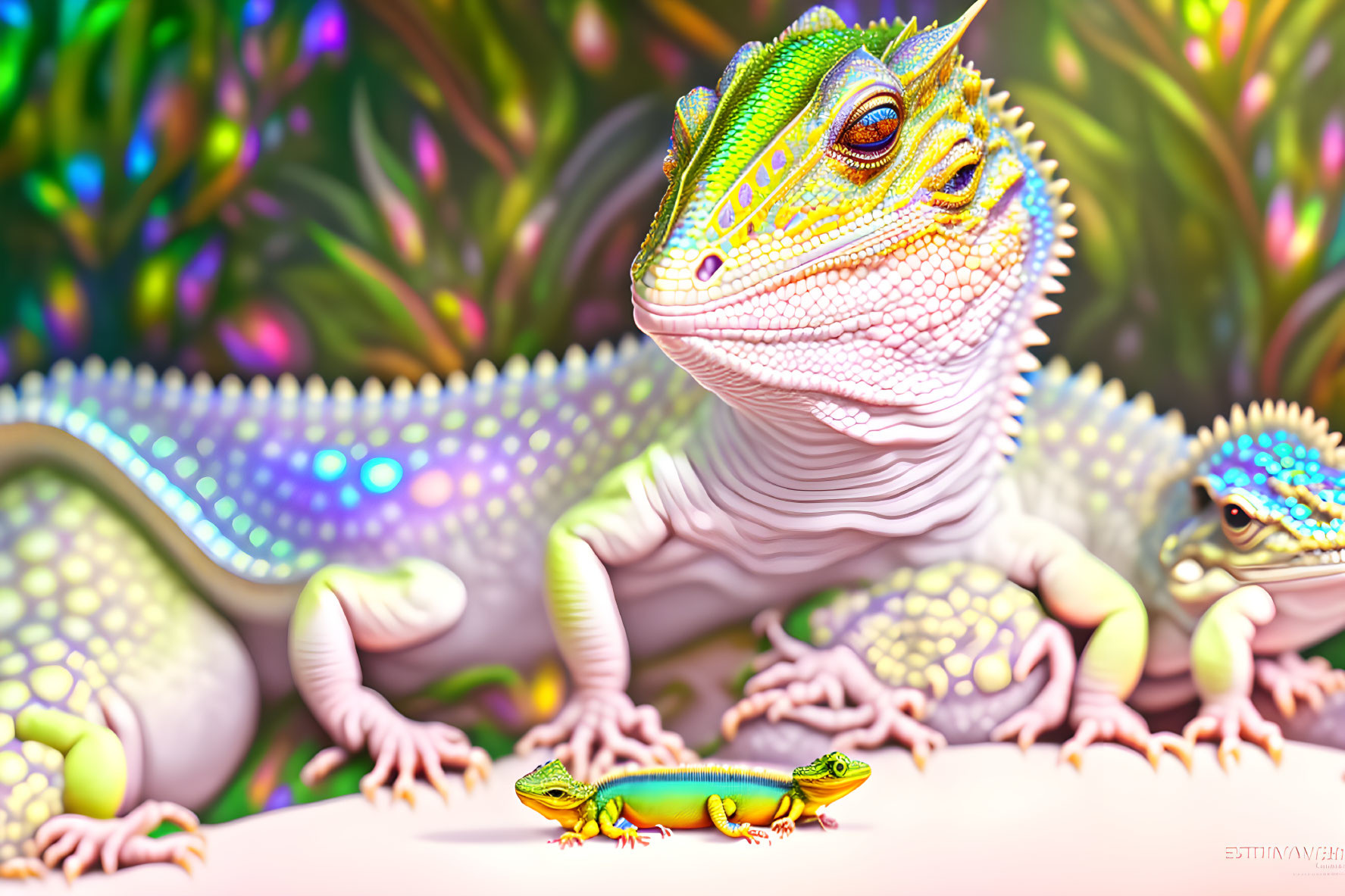 Vibrant digital artwork featuring three stylized lizards in colorful, iridescent scales amidst fantast