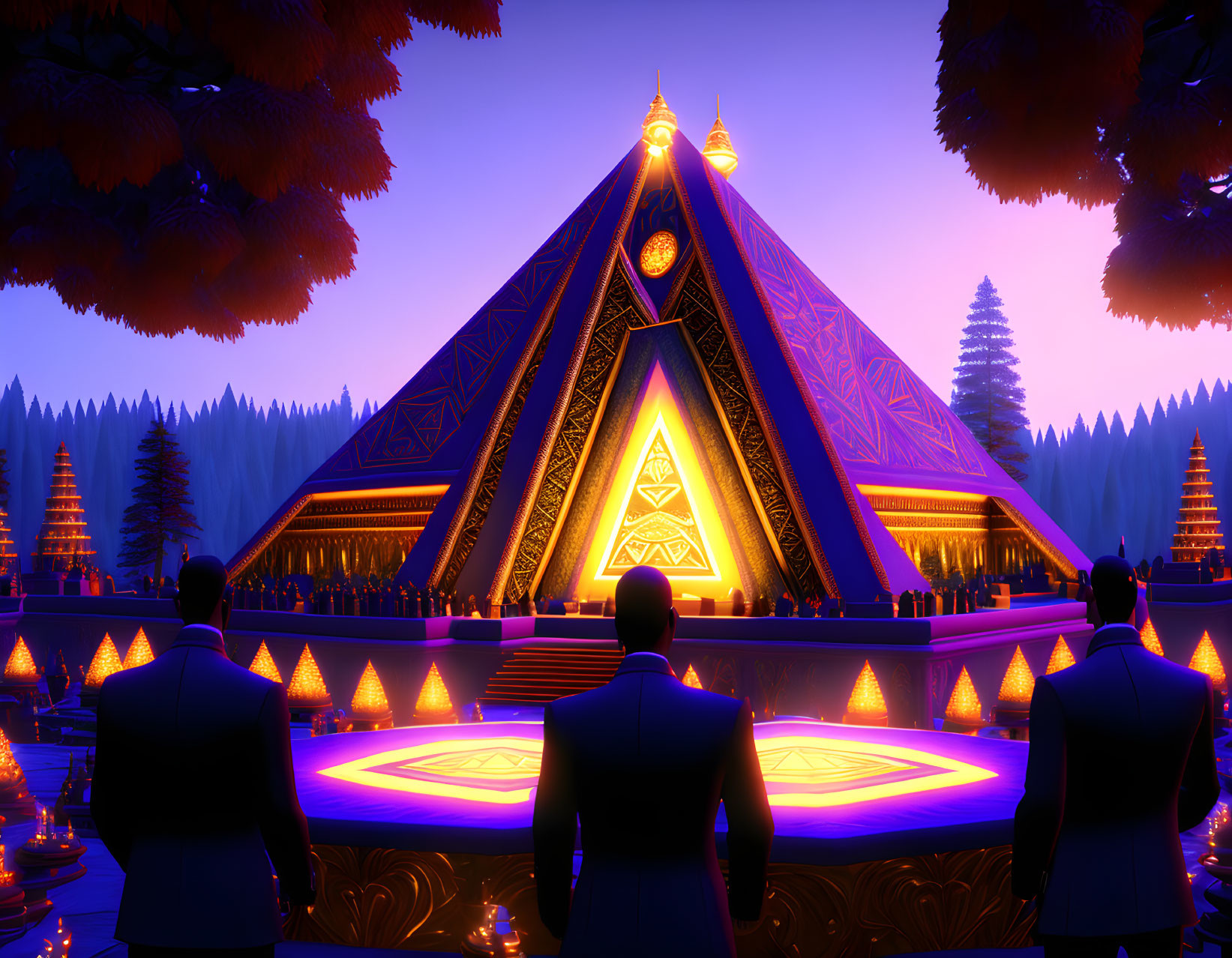 Group of People in Suits Observing Neon-Lit Pyramid in Forest at Dusk