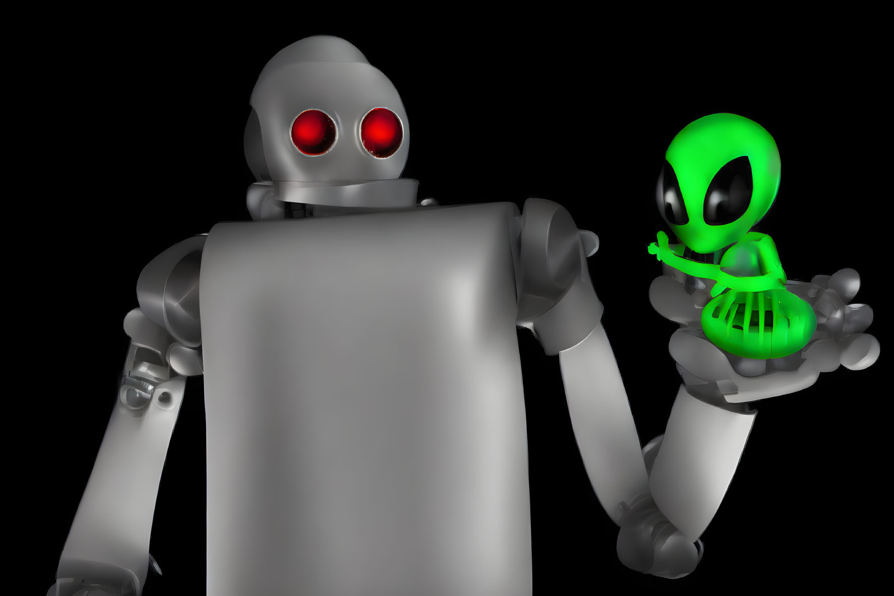 Red-eyed robot holding scroll meets small green alien with big head and black eyes