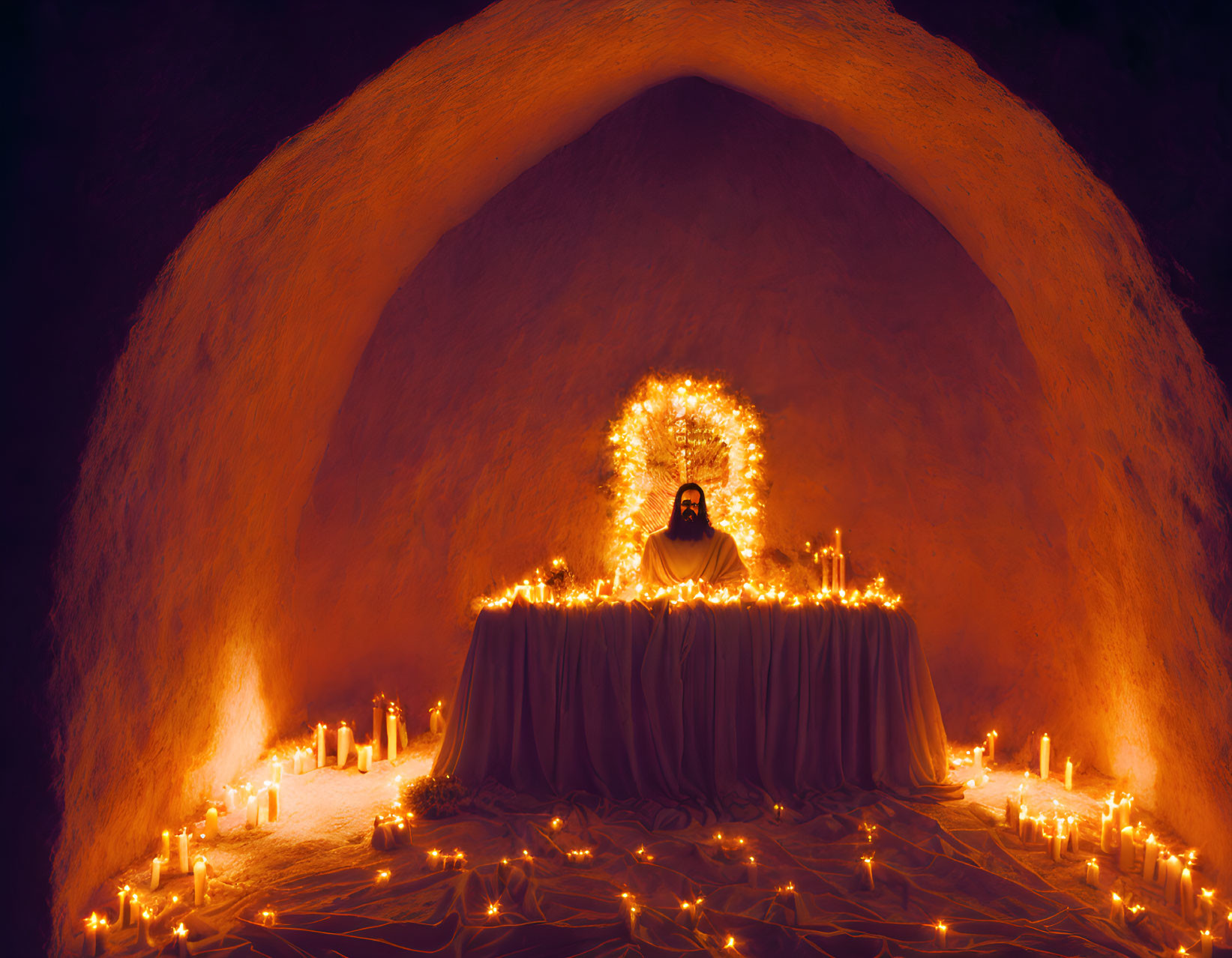 Person meditates at candlelit table in warm alcove