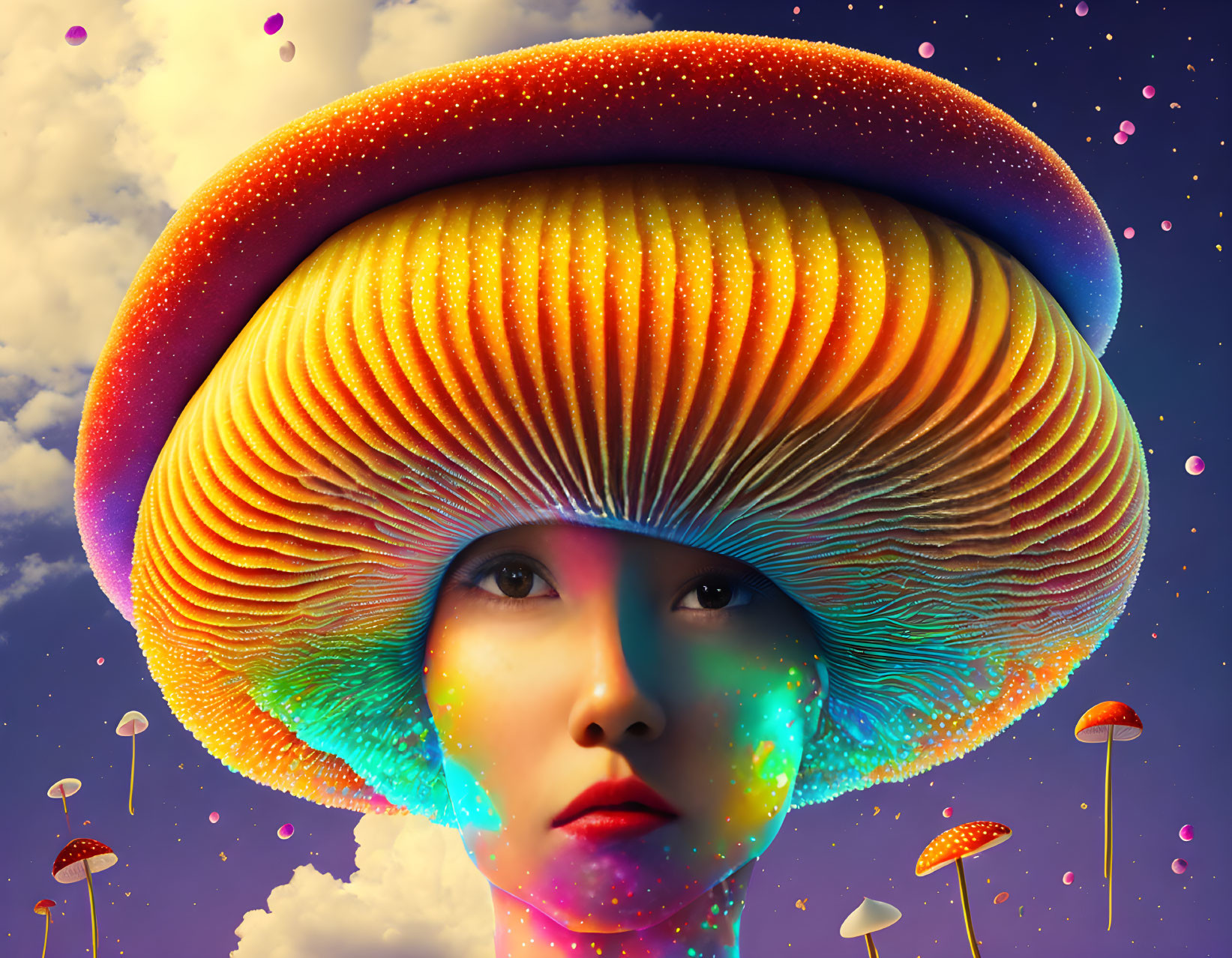 Colorful digital art portrait of woman with mushroom hair in dreamy sky