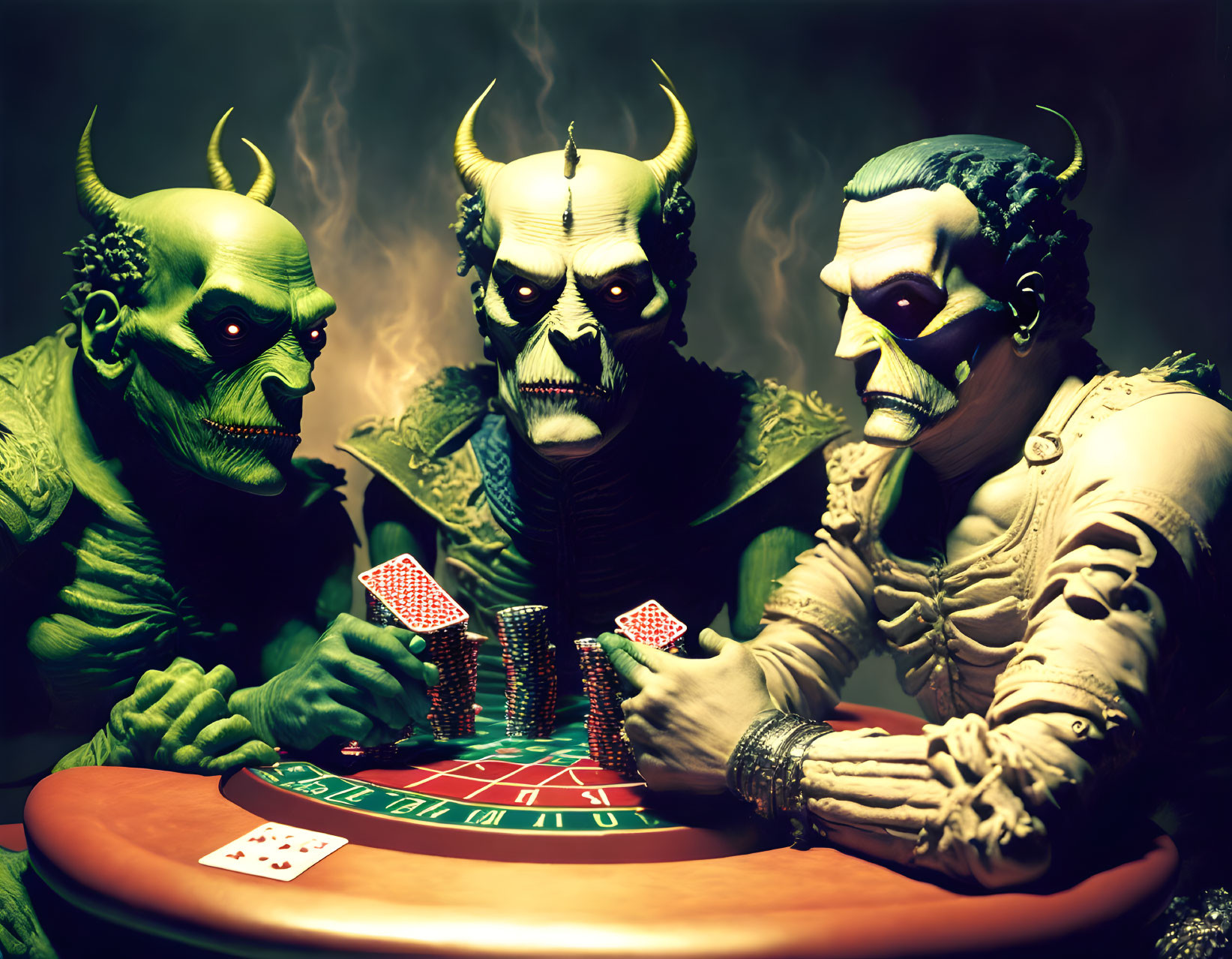 Dark ambiance with three horned figures playing poker