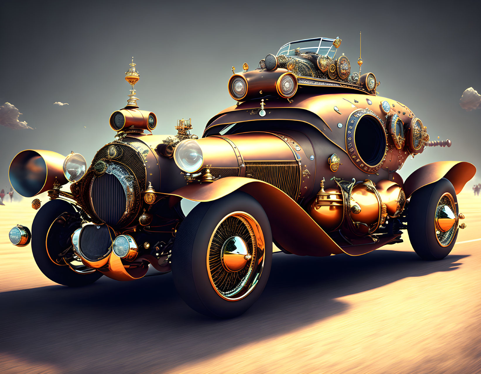 Steampunk-style vintage car with copper finish in desert setting