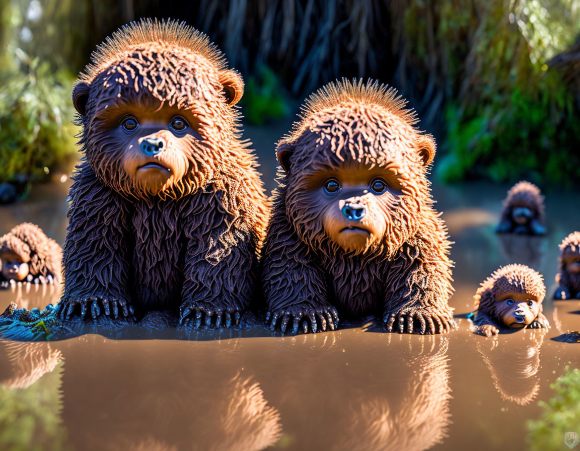 Realistic Bear Sculptures in Muddy Water with Miniatures