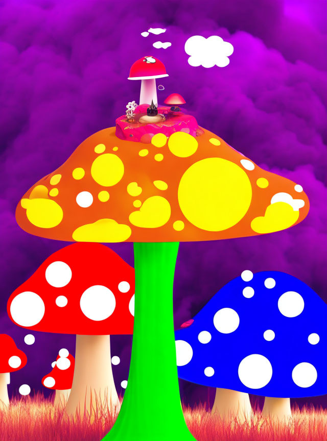 Colorful Whimsical Oversized Mushroom Illustration on Purple Background