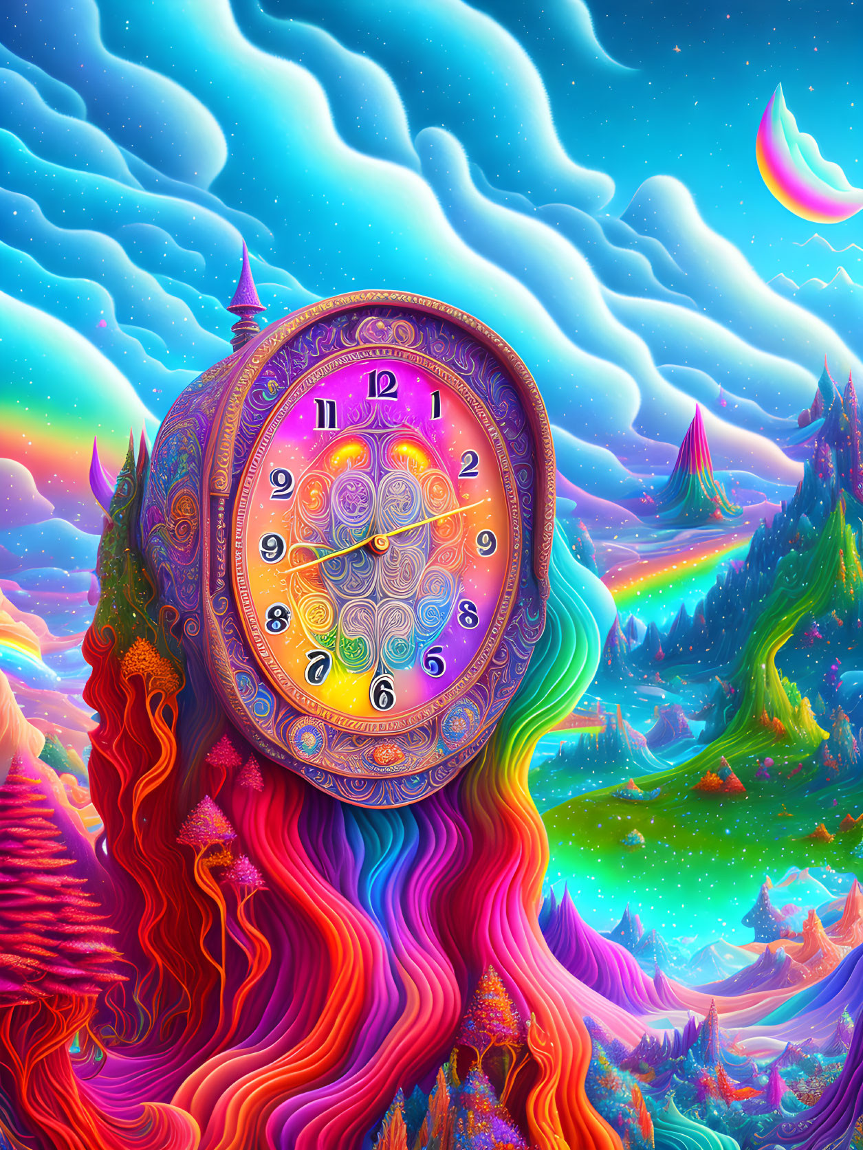 Colorful Fantasy Landscape with Ornate Clock in Whimsical Sky