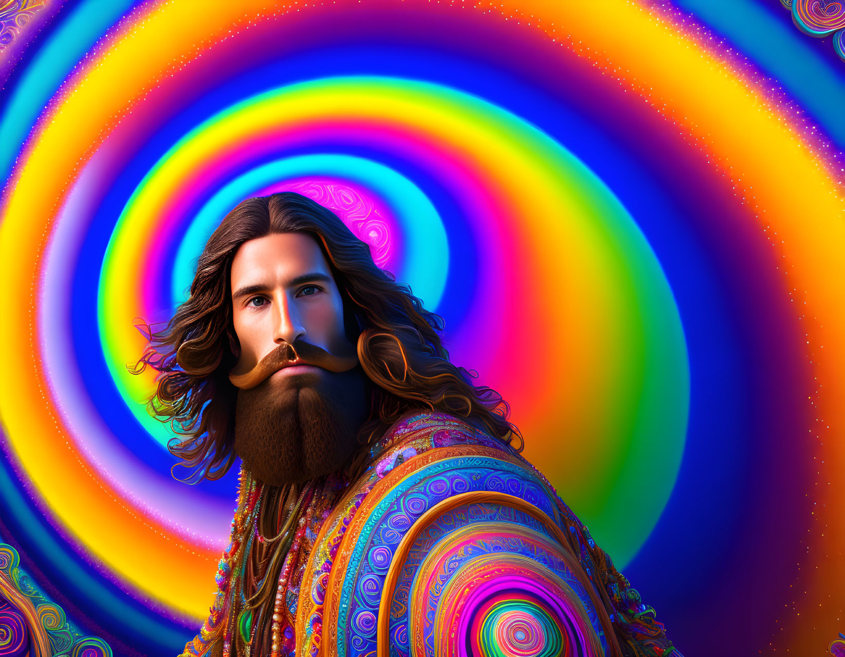 Man with Long Brown Hair and Beard in Colorful Garment Amid Psychedelic Swirl